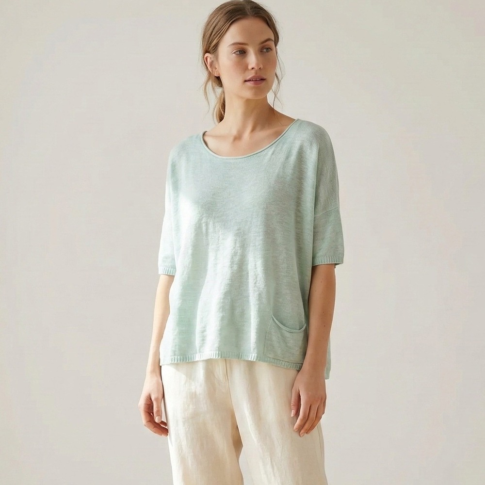 Eileen Fisher Top Womens Medium Linen Cotton Blend Knit Light Teal Blue‎ Green